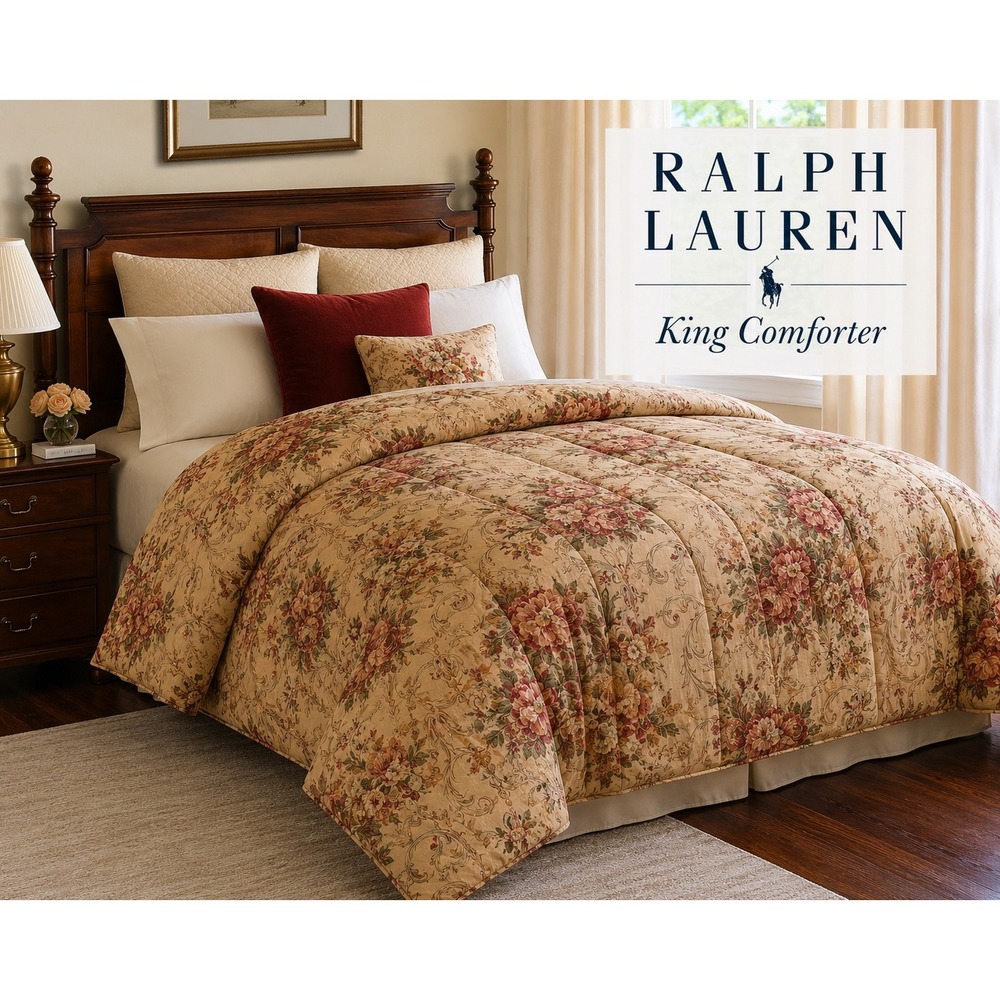 Ralph Lauren Floral Chintz Comforter King Beige Red Gold Scroll Traditional Luxe